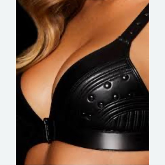 Honey Birdette Bundle Faux Leather Studded Black Bra, Garter Belt with Satin Bag - Picture 2 of 16